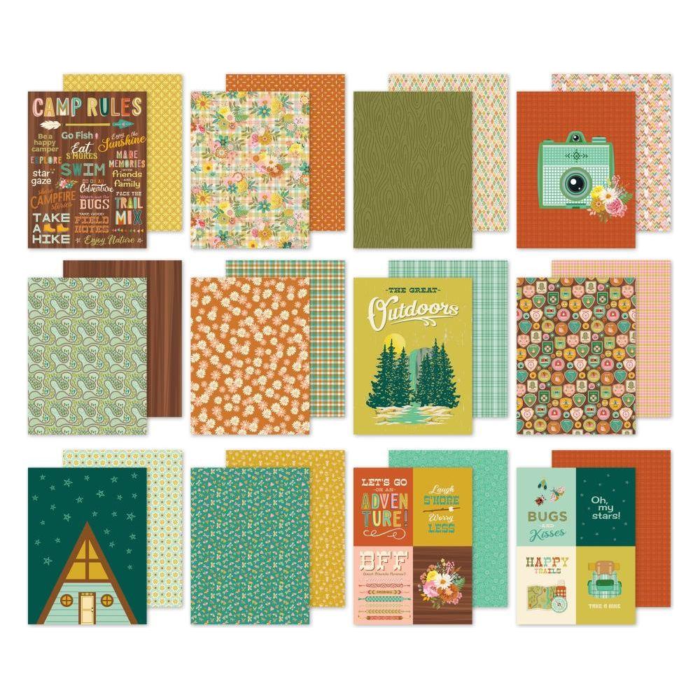 Simple Stories Trail Mix 6 x 8 Paper Pad 20315 Comprehensive close-up views capturing the intricate details of all the paper designs featuring camping and outdoor themes