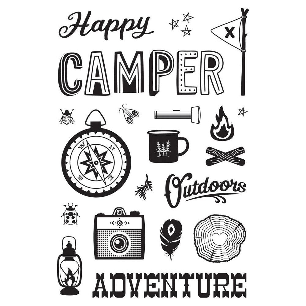 Simple Stories Trail Mix Clear Stamps 20316 Detailed images showcasing sentiments and images such as 'happy,' 'camper,' 'outdoors,' and 'adventure' with intricate details