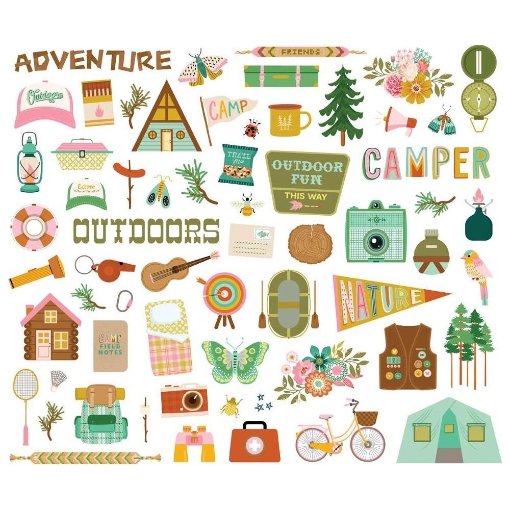 Simple Stories Trail Mix Bits And Pieces 20318 Close-up views highlighting the intricate details of all the die-cut designs with camping and outdoor themes