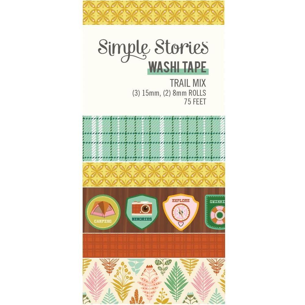 Simple Stories Trail Mix Washi Tape 20326 Detailed view of outdoor-themed washi tape featuring various camping and nature-inspired designs