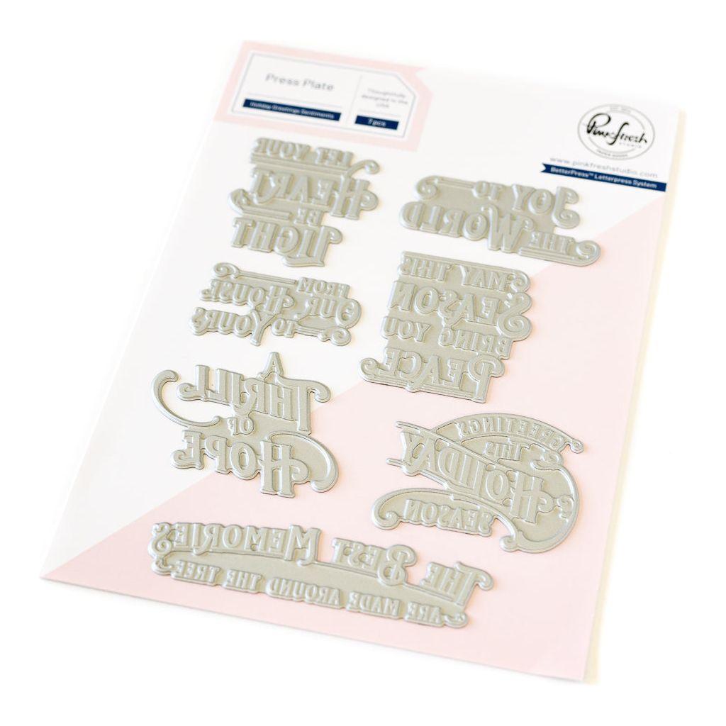 Pinkfresh Studio Holiday Greetings Sentiments Stamps Dies And Press Plates Bundle Hotfoil Plates Set