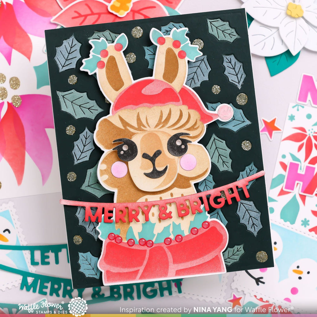 Waffle Flower Fa-la-La Llama Sentiments Clear Stamps and Die-n-stencil Set merry and bright