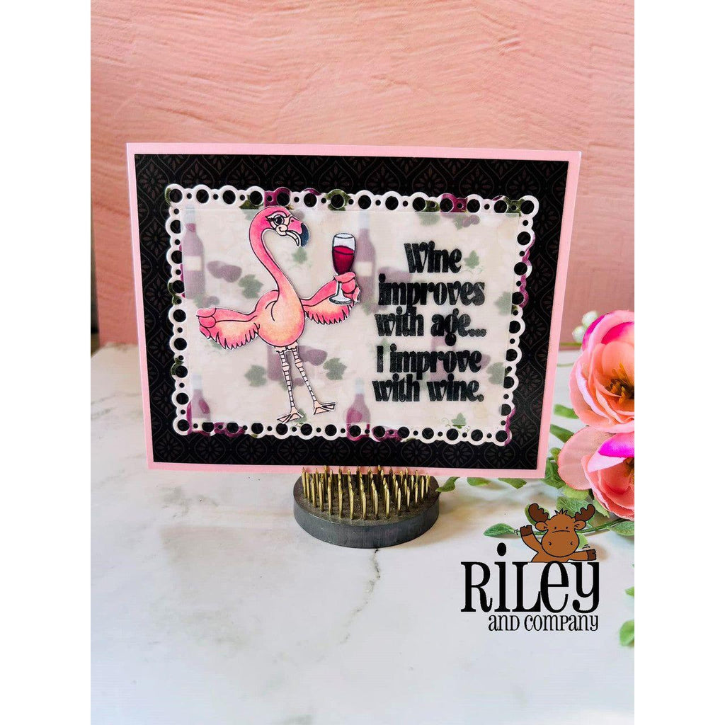 Riley And Company Funny Bones I Improve With Wine Clear Stamp rwd-1276 flamingo drinks