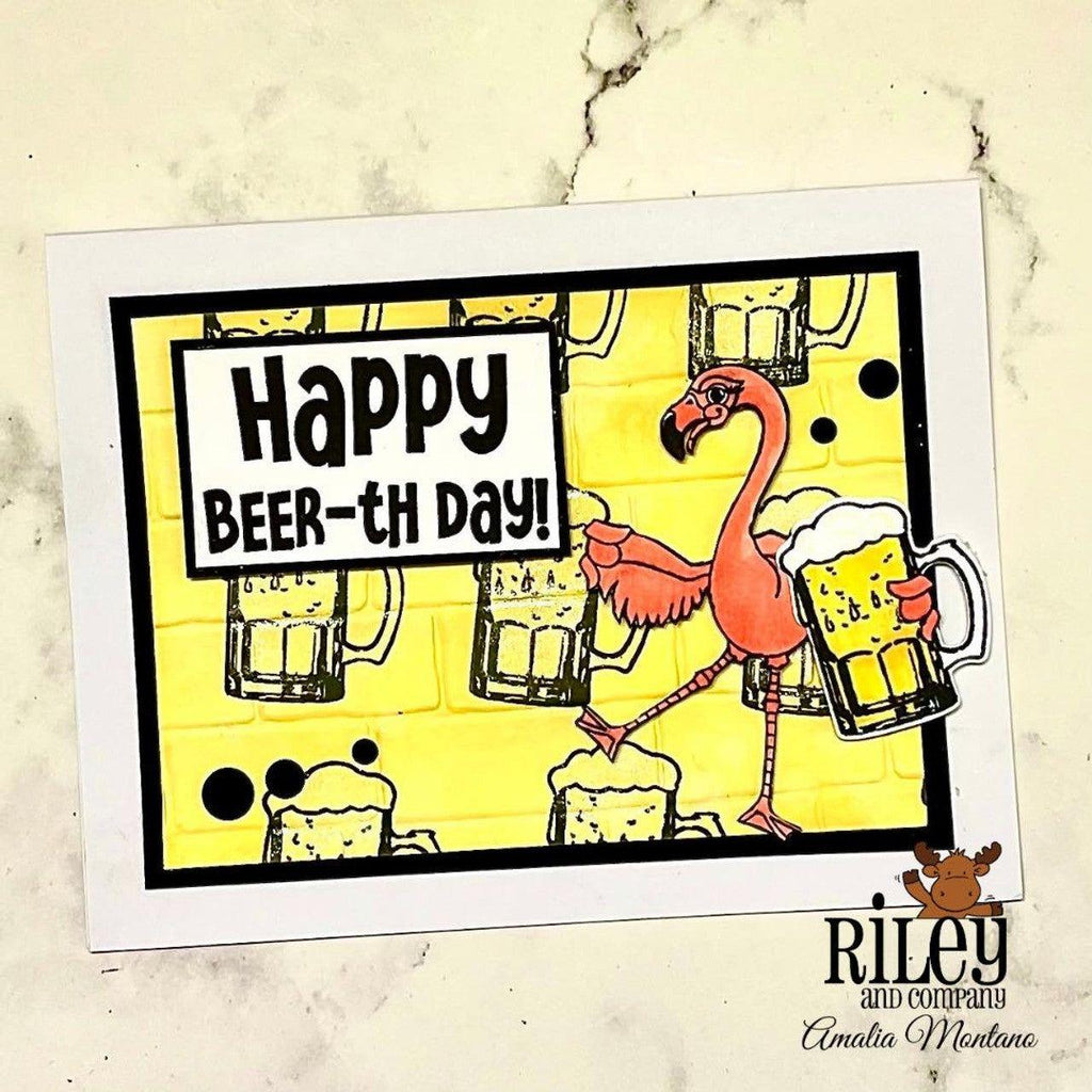 Riley And Company Funny Bones Happy Beer-th Day! Clear Stamp rwd-1271 flamingo drinker