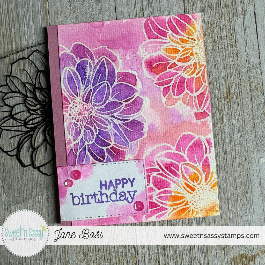 Sweet 'N Sassy Dahlia Background Clear Stamp cws-24-020 pink and purple and orange birthday card