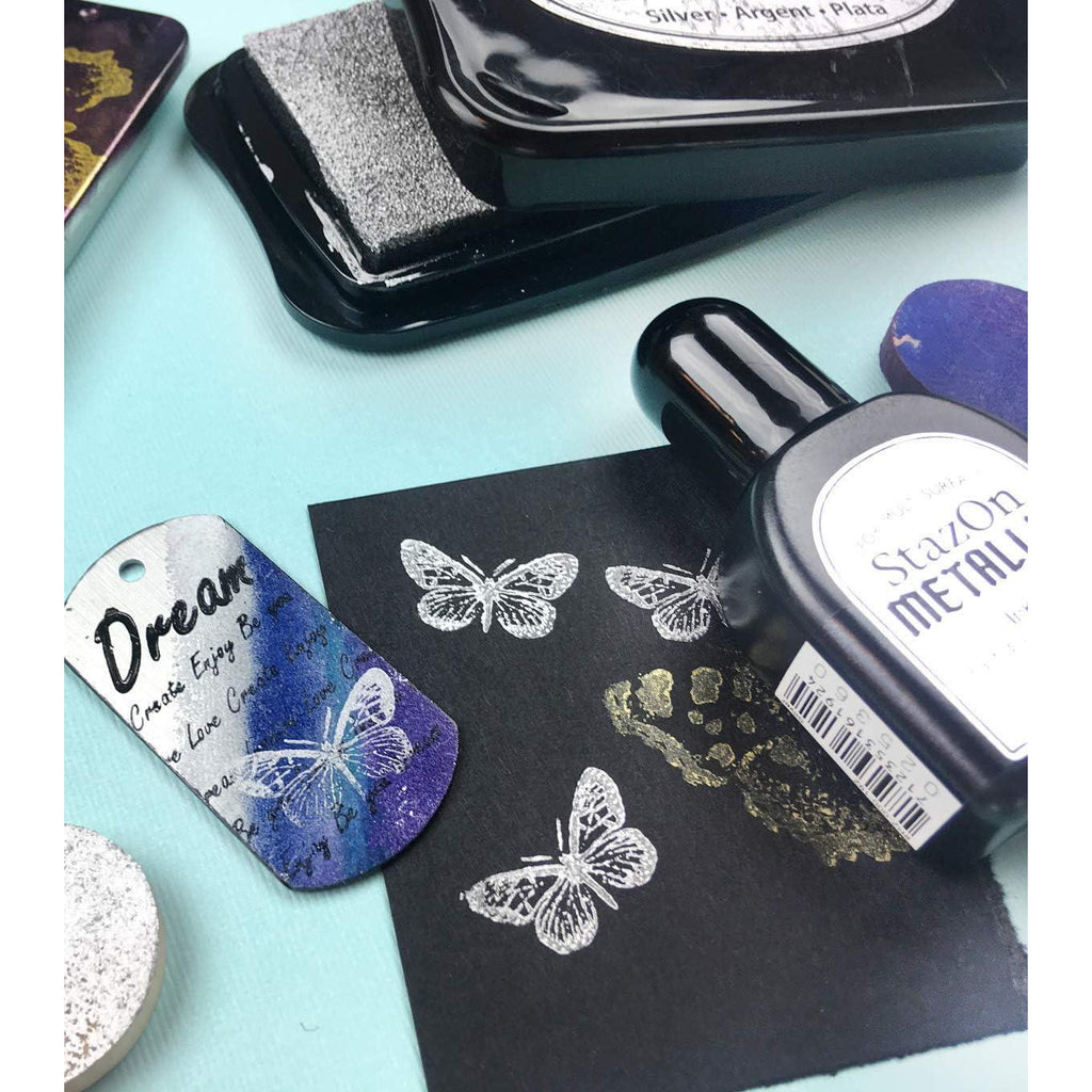 Tsukineko Stazon METALLIC SILVER Ink Pad and Refill SZ-000-192 butterflies