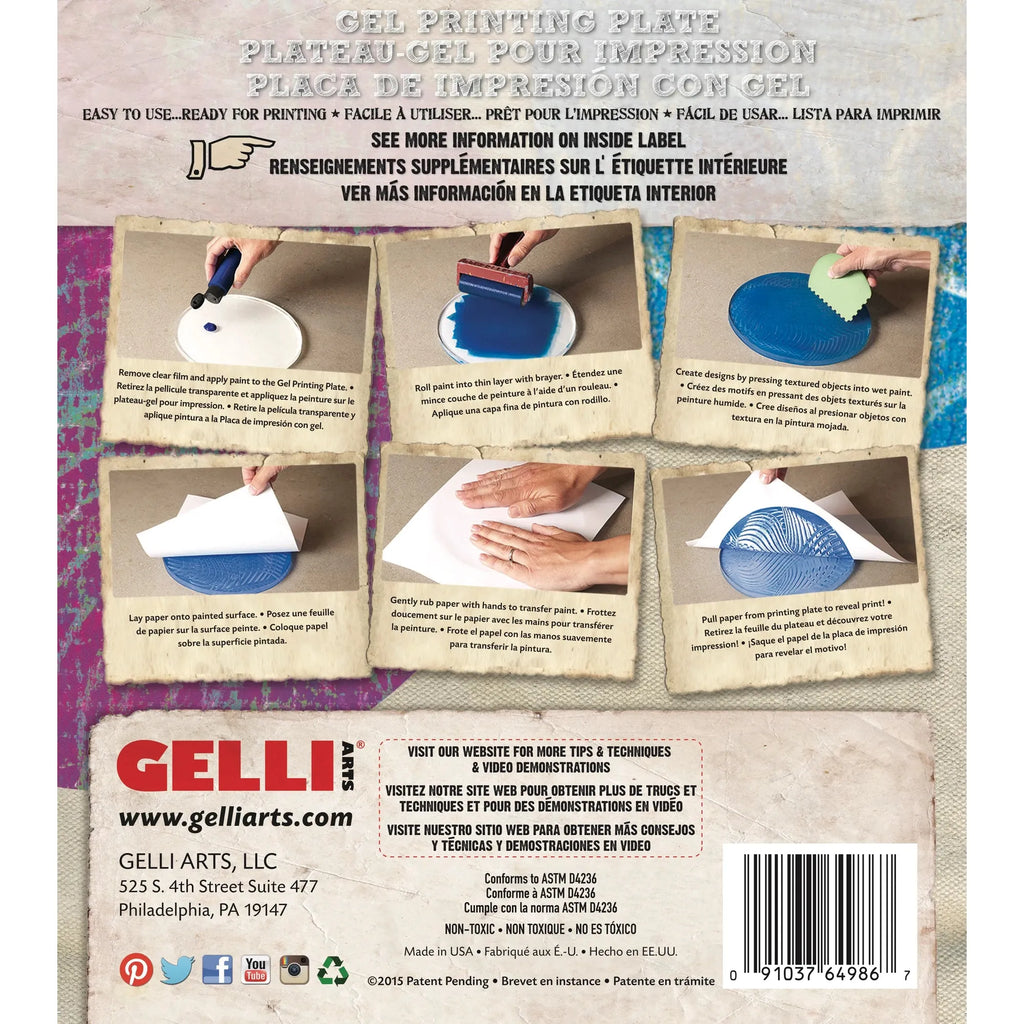 Gelli Arts 8-inch Round Reusable Gel Printing Plate package back