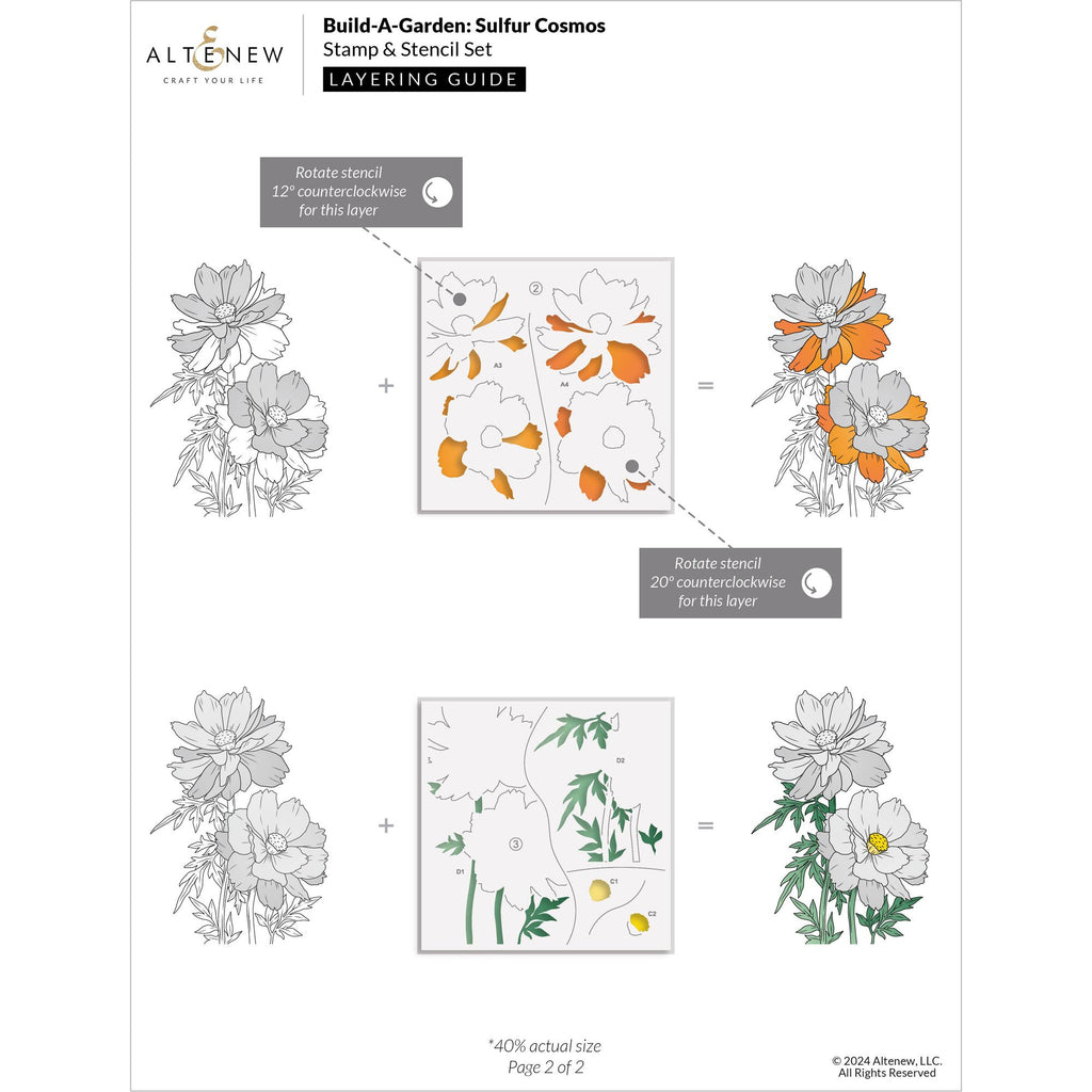 Altenew Build-A-Garden Sulfur Cosmos Clear Stamp, Stencil and Brush Set alt10216bn layering guide