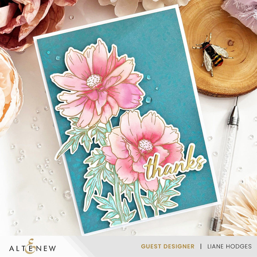 Altenew Build-A-Garden Sulfur Cosmos Clear Stamp, Stencil and Brush Set alt10216bn thanks