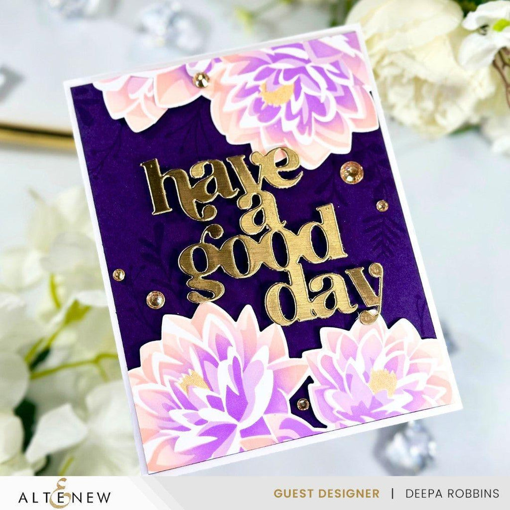 Altenew Dynamic Duo Modern Dahlia Clear Stamp and Stencil Set alt10017bn gold words