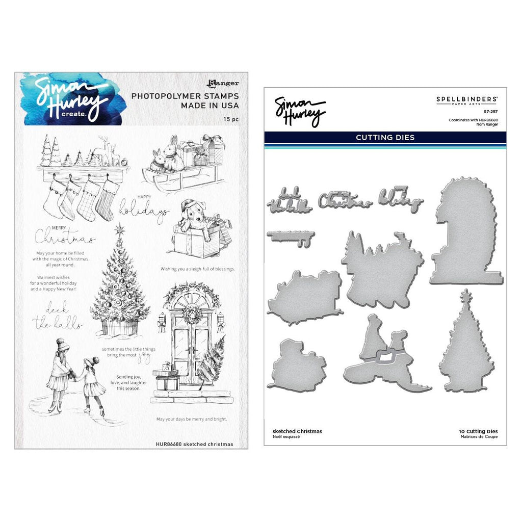 Ranger Simon Hurley Sketched Christmas Clear Stamp And Die Bundle