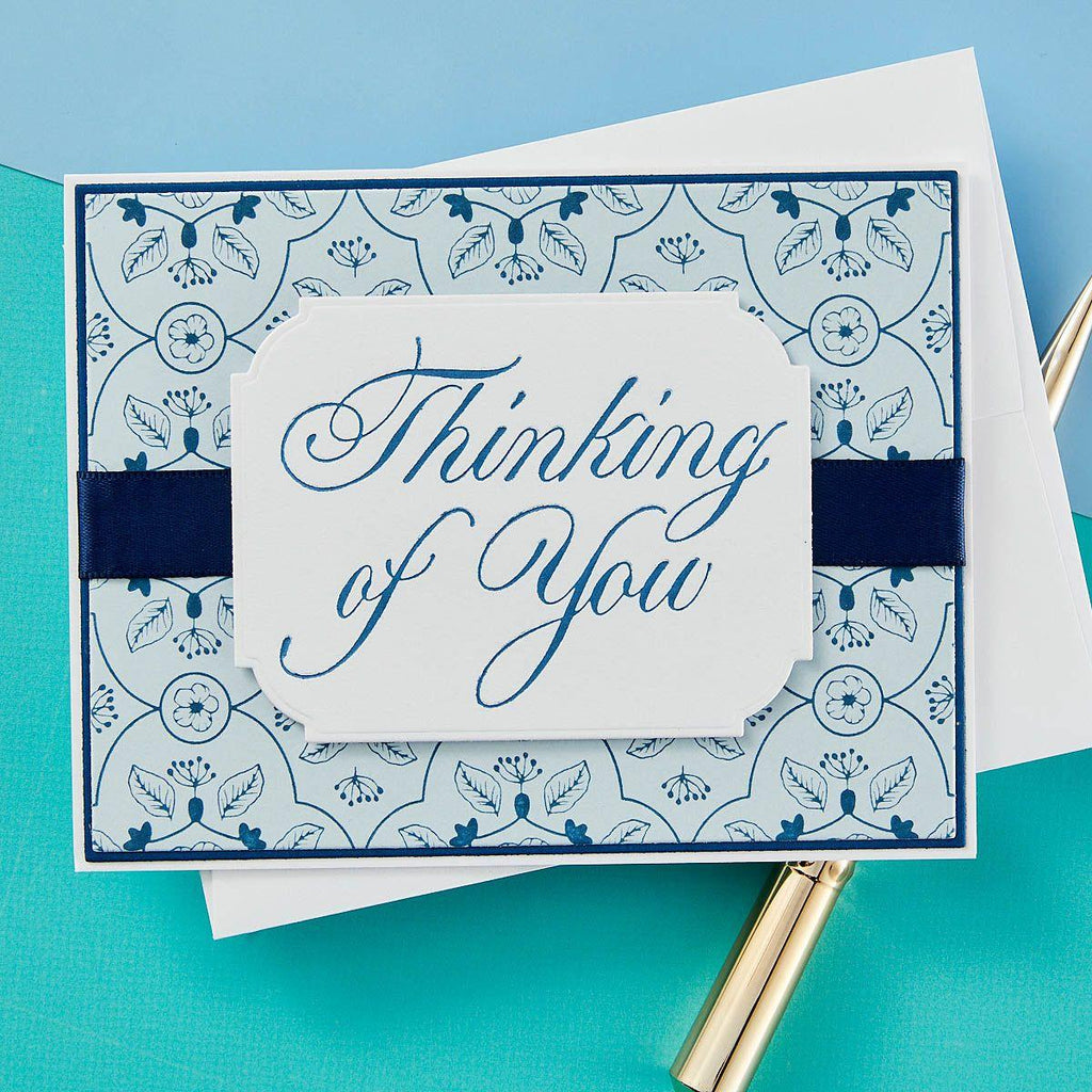 bp-101 Spellbinders Copperplate Thinking of You Press Plate blue background