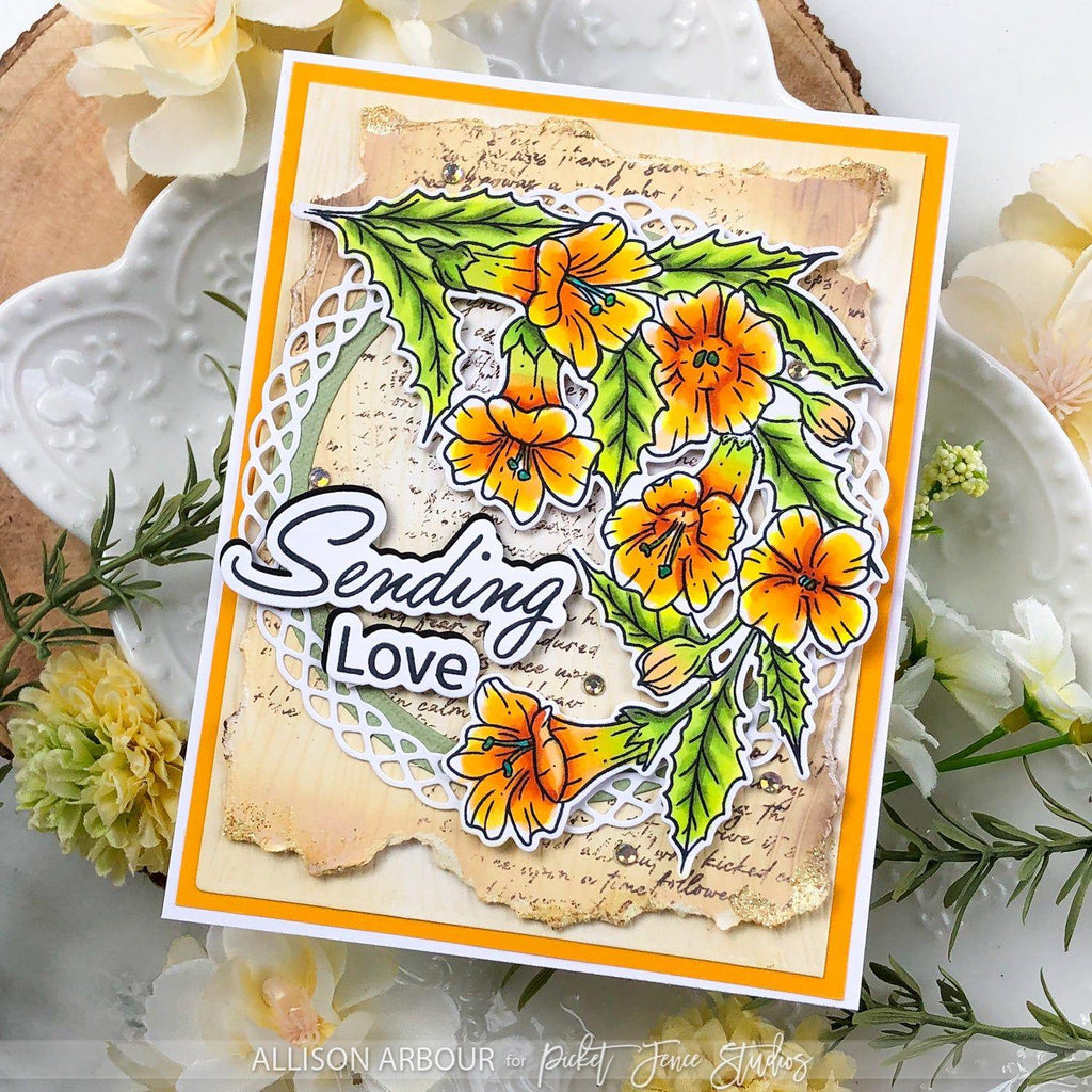 Picket Fence Studios Blooming Trumpet Flowers Stamp and Die Bundle sending love