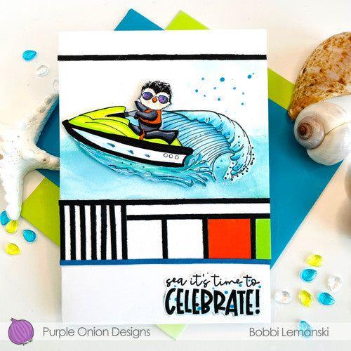 Purple Onion Designs Skeeter Cling Stamp pod1334 Waverunner Colorblock Celebration Card