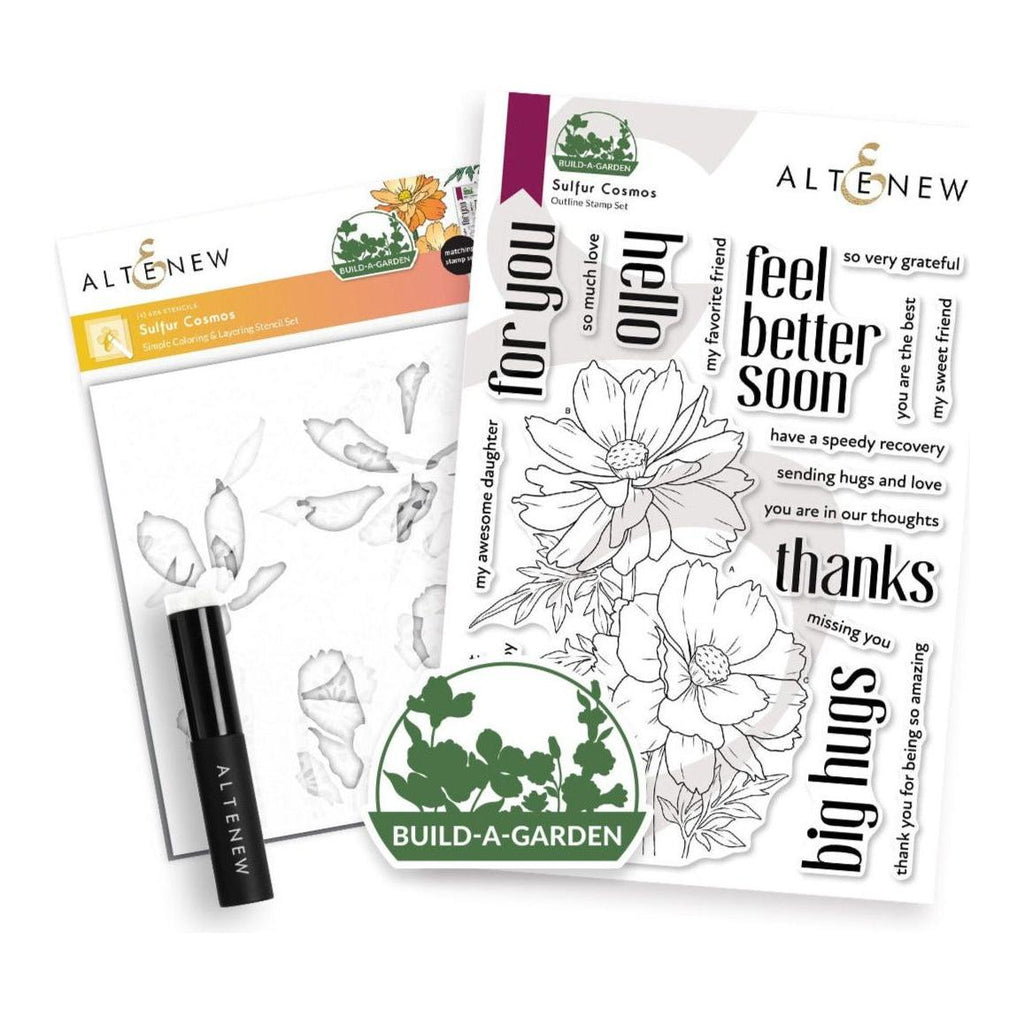 Altenew Build-A-Garden Sulfur Cosmos Clear Stamp, Stencil and Brush Set alt10216bn