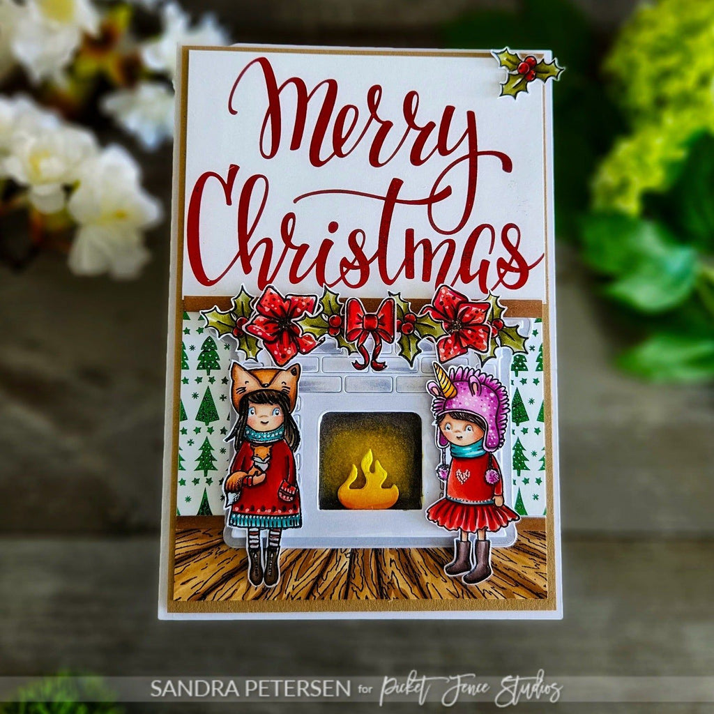 Picket Fence Studios Merry Christmas Friends Clear Stamps c-159 fireplace