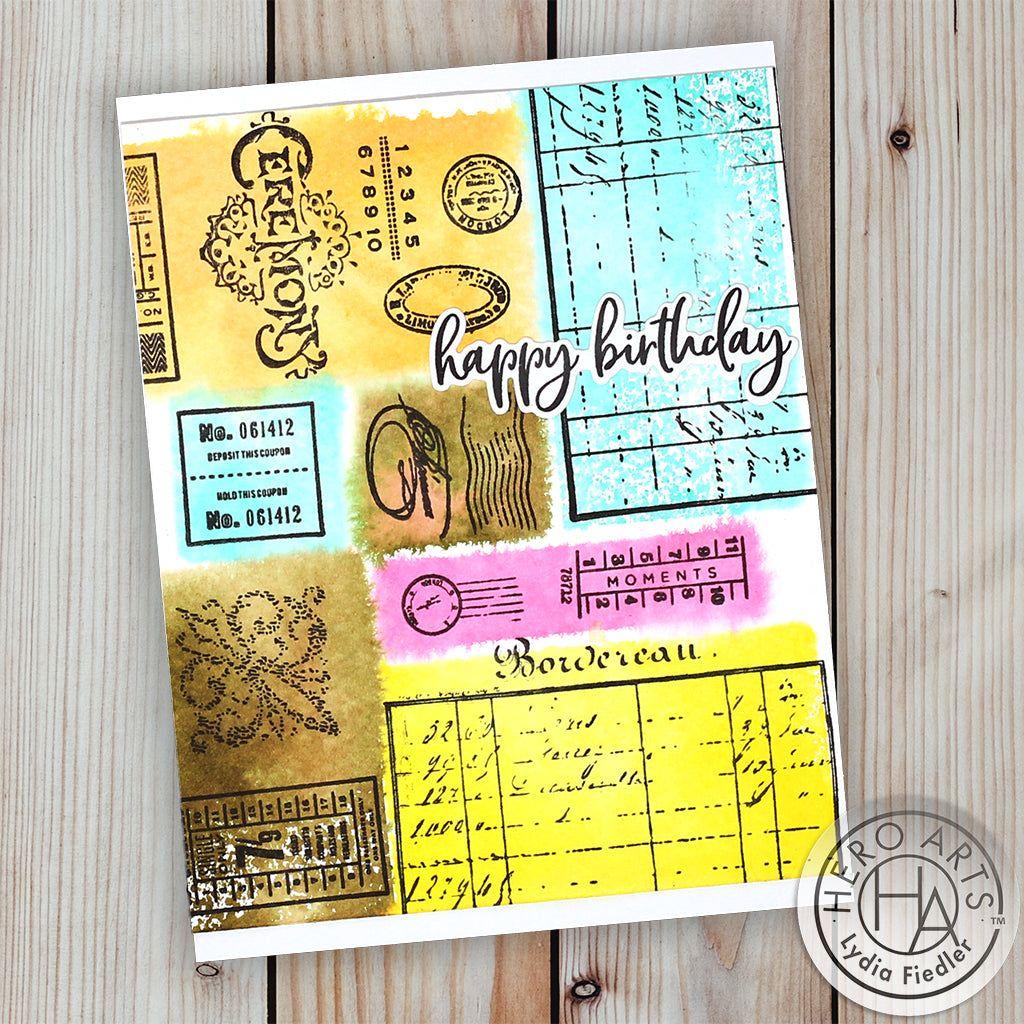 Hero Arts Clear Stamps Vintage Postmarks and Tickets cm740 happy birthday