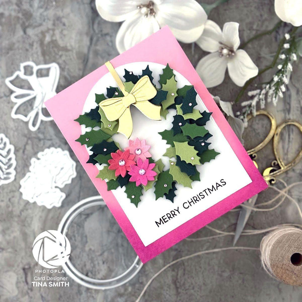 PhotoPlay Holiday Wreath Layered Dies sis4201 Pink Merry Christmas Card