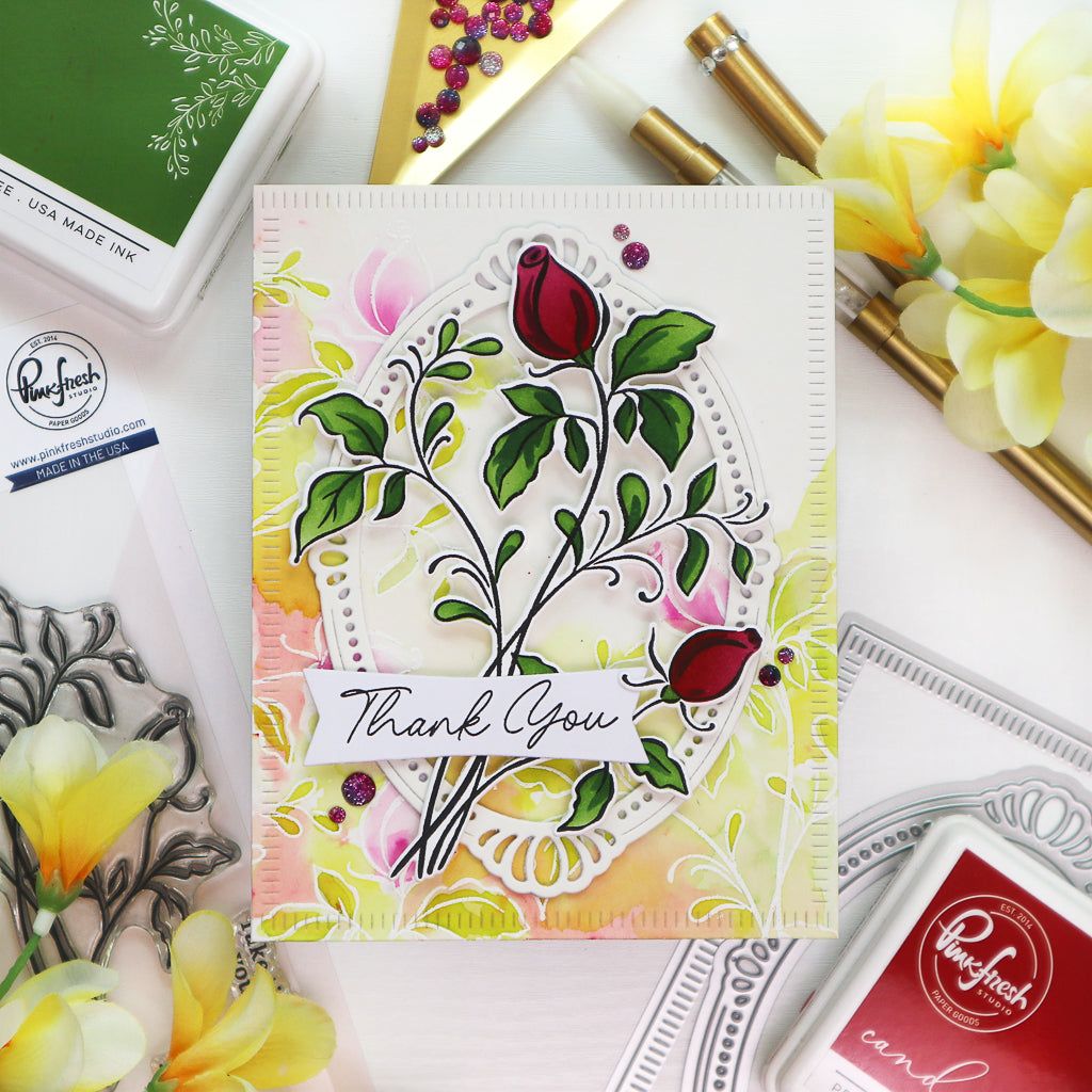 PinkFresh Studio Delicate Rosebuds Clear Stamp Set 207323 Brightly Colored Floral Thank You Card | color-code:ALT01