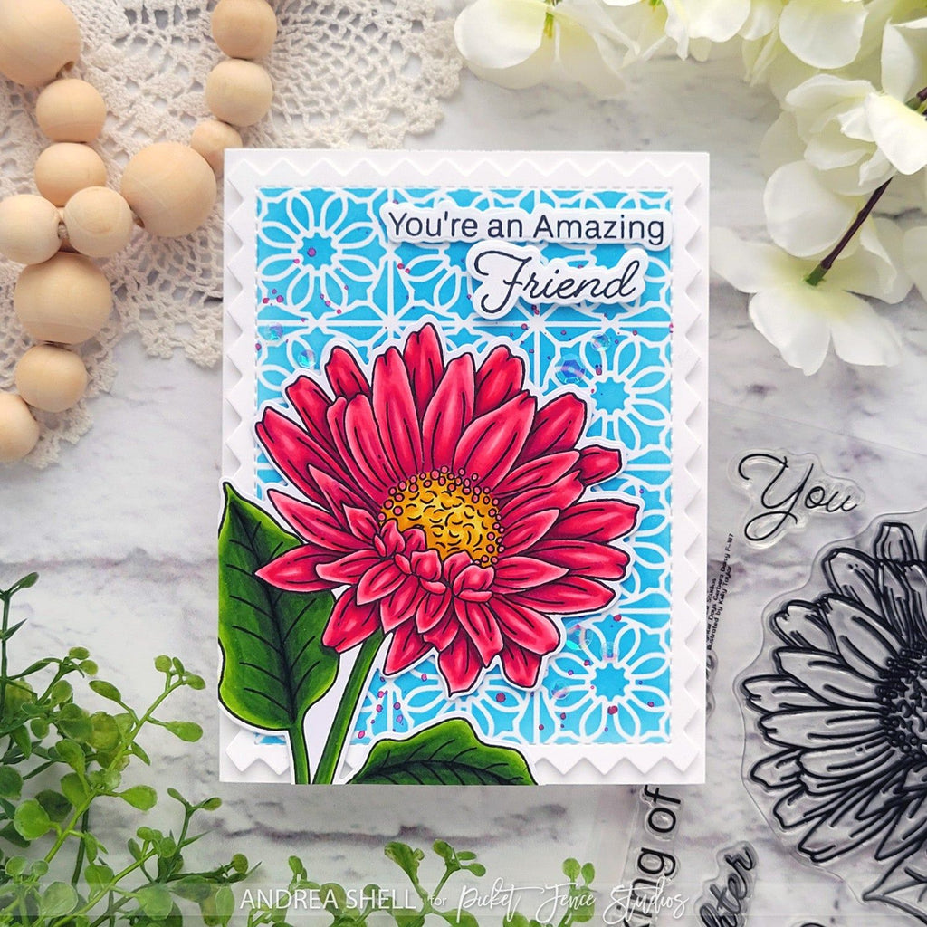 Picket Fence Studios Brighter Days Gerbera Daisy Stamp and Die Bundle you're an amazing friend