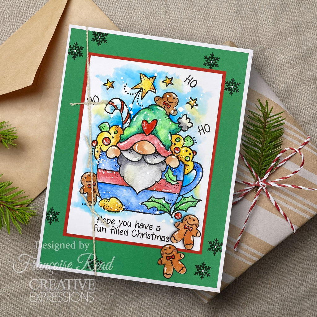 Woodware Craft Collection Gnome Christmas Cup Clear Stamps frs1005 cocoa card