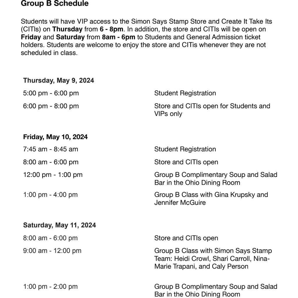 Simon Says CREATE 2024 Student Ticket GROUP B Schedule