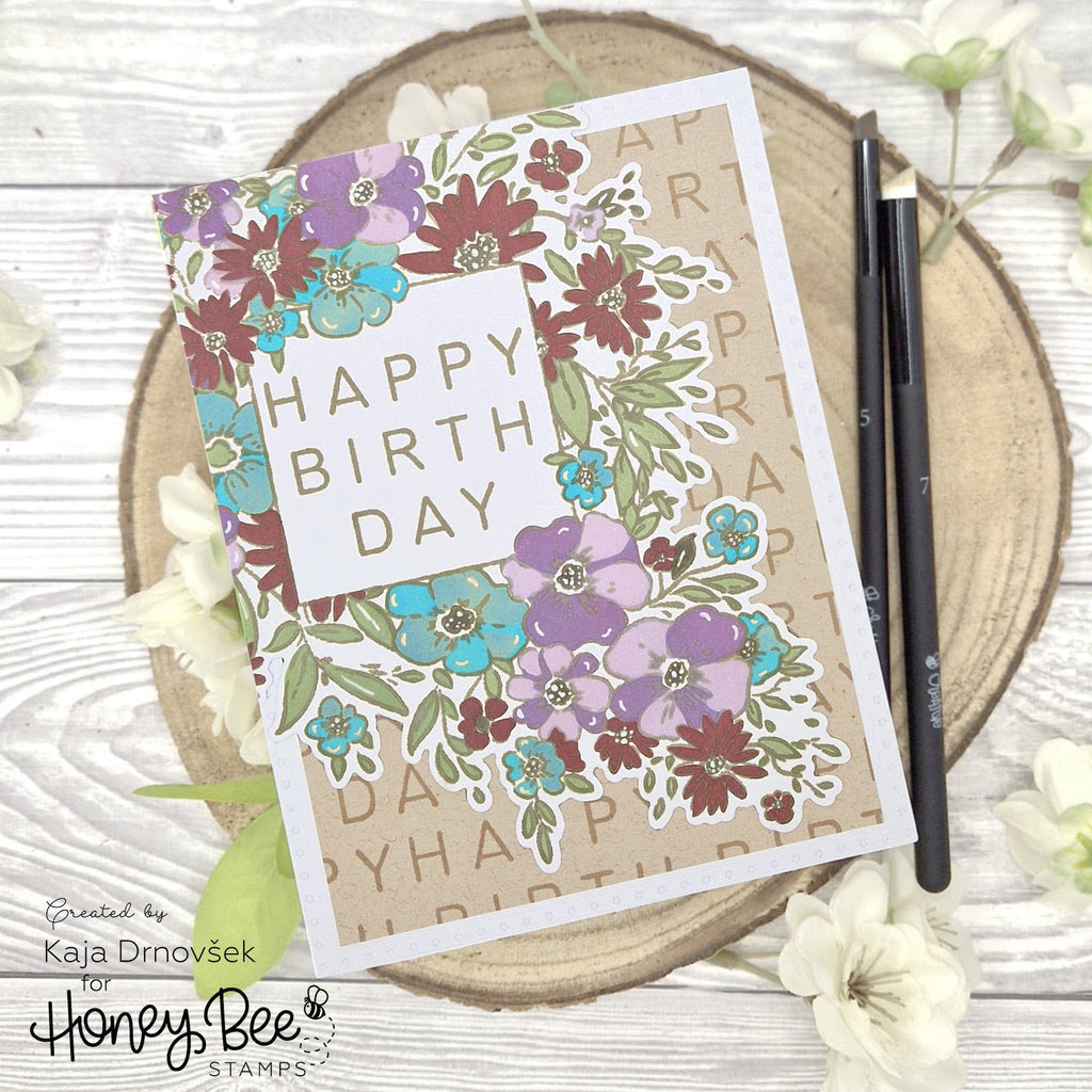 Honey Bee Squared Spring Florals Clear Stamps hbst-543 Happy Birthday Card