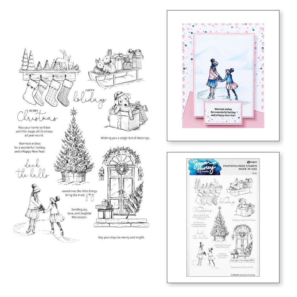 Ranger Simon Hurley Sketched Christmas Clear Stamp And Die Bundle clear stamps with sample