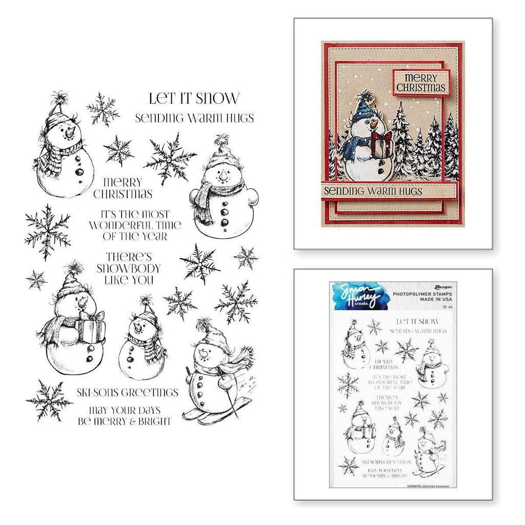 Ranger Simon Hurley Sketched Snowmen Stamp And Die Bundle stamps and sample card