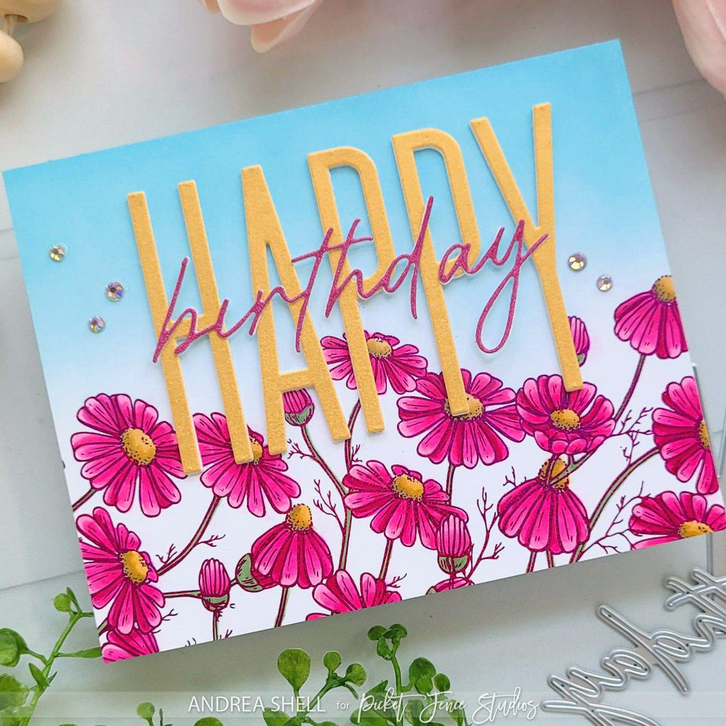 Picket Fence Studios Happy Birthday Word Dies pfsd-446 flowers