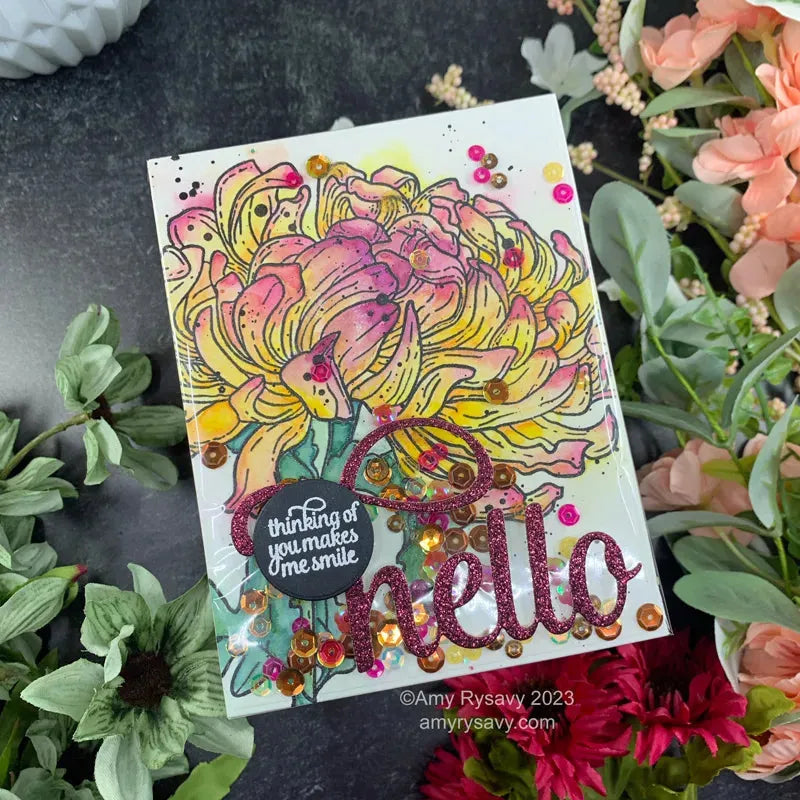 Picket Fence Studios Blooming Chrysanthemum Clear Stamps f-173 Hello flower | color-code:ALT01