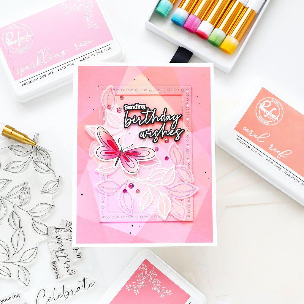 Pinkfresh Studio Overlapping Geometrics Stencil Set 242524 coral and pink ink blending with butterfly | color-code:ALT01