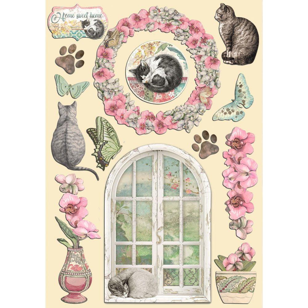 February 2024 pet kitten feline sleeping sitting wreath orchids pink flowers vase butterflies paw prints label Home Sweet Home