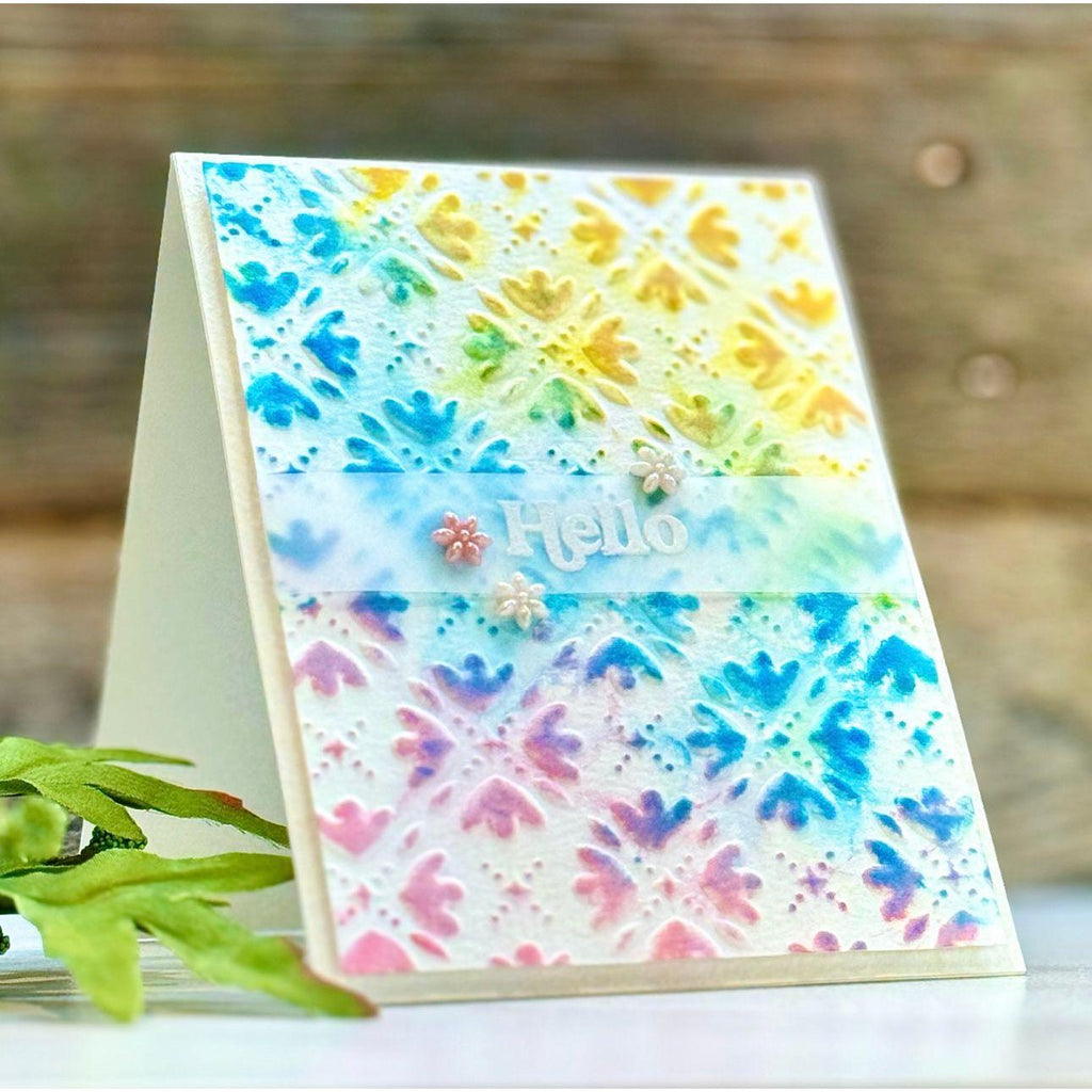 Rainbow Splash Embossing Folder Mosaic Tulips rsef8 Hello Card | color-code:ALT01