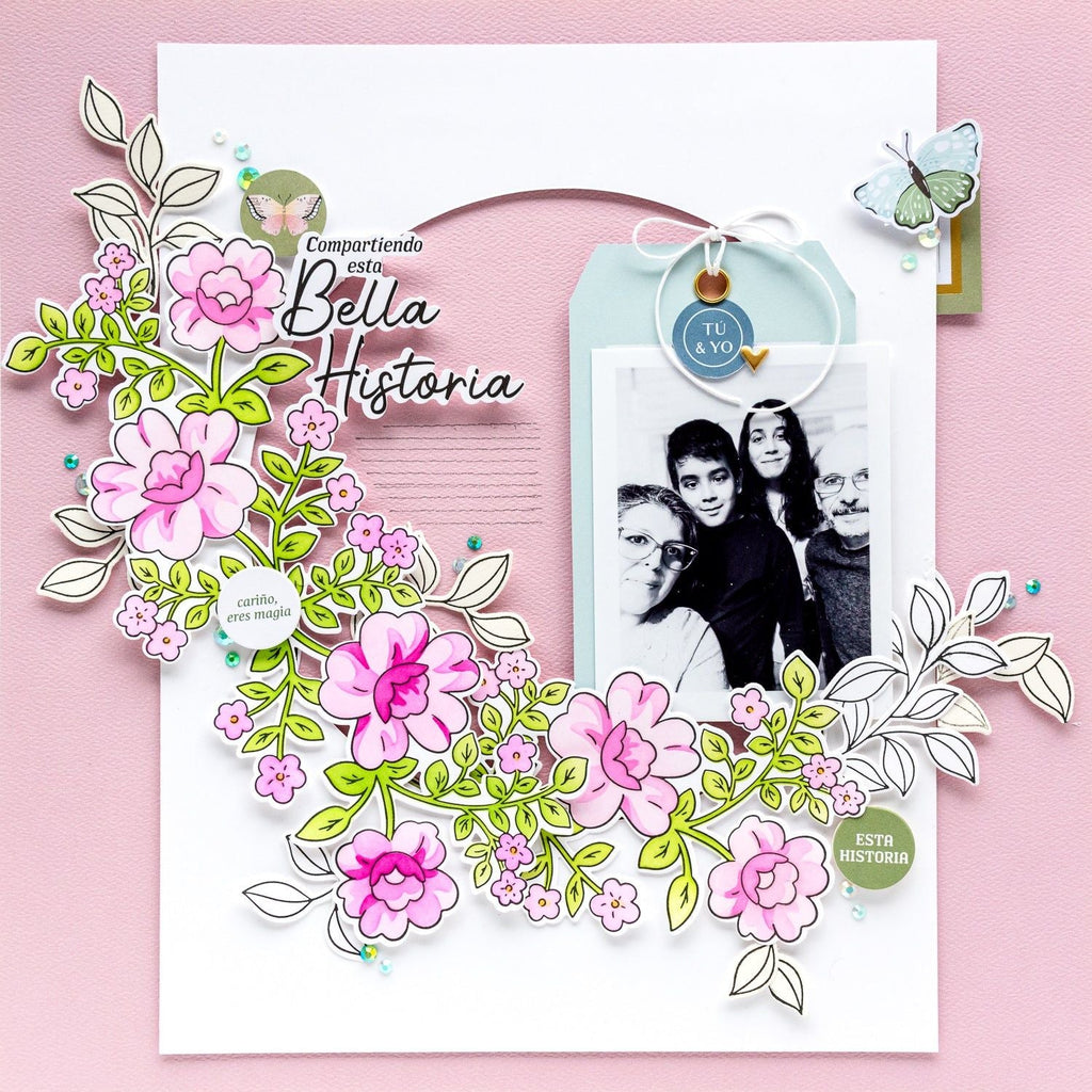 Pinkfresh Studio Never Give Up Clear Stamps 242124 scrapbook layout page with floral swag