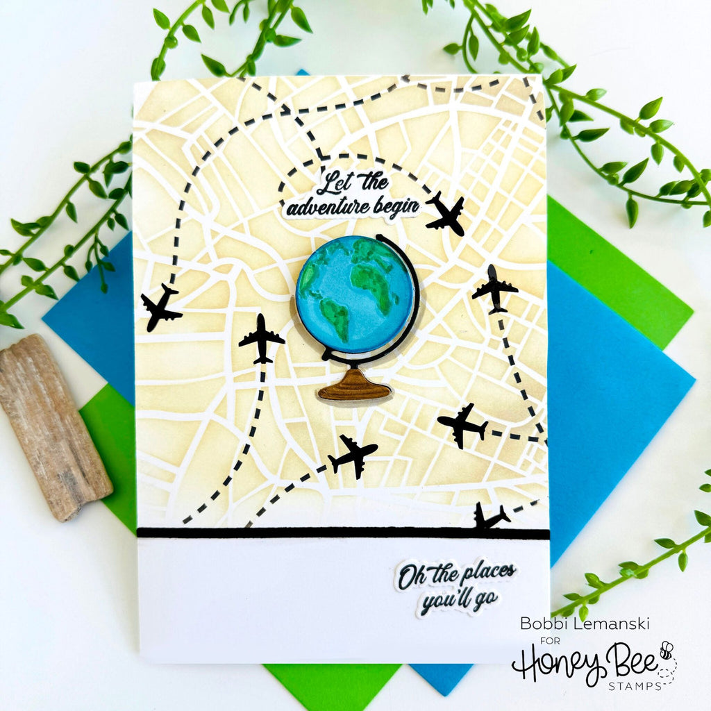 Honey Bee Road Map Background Stencil hbsl-151 Let The Adventure Begin Card | color-code:ALT01