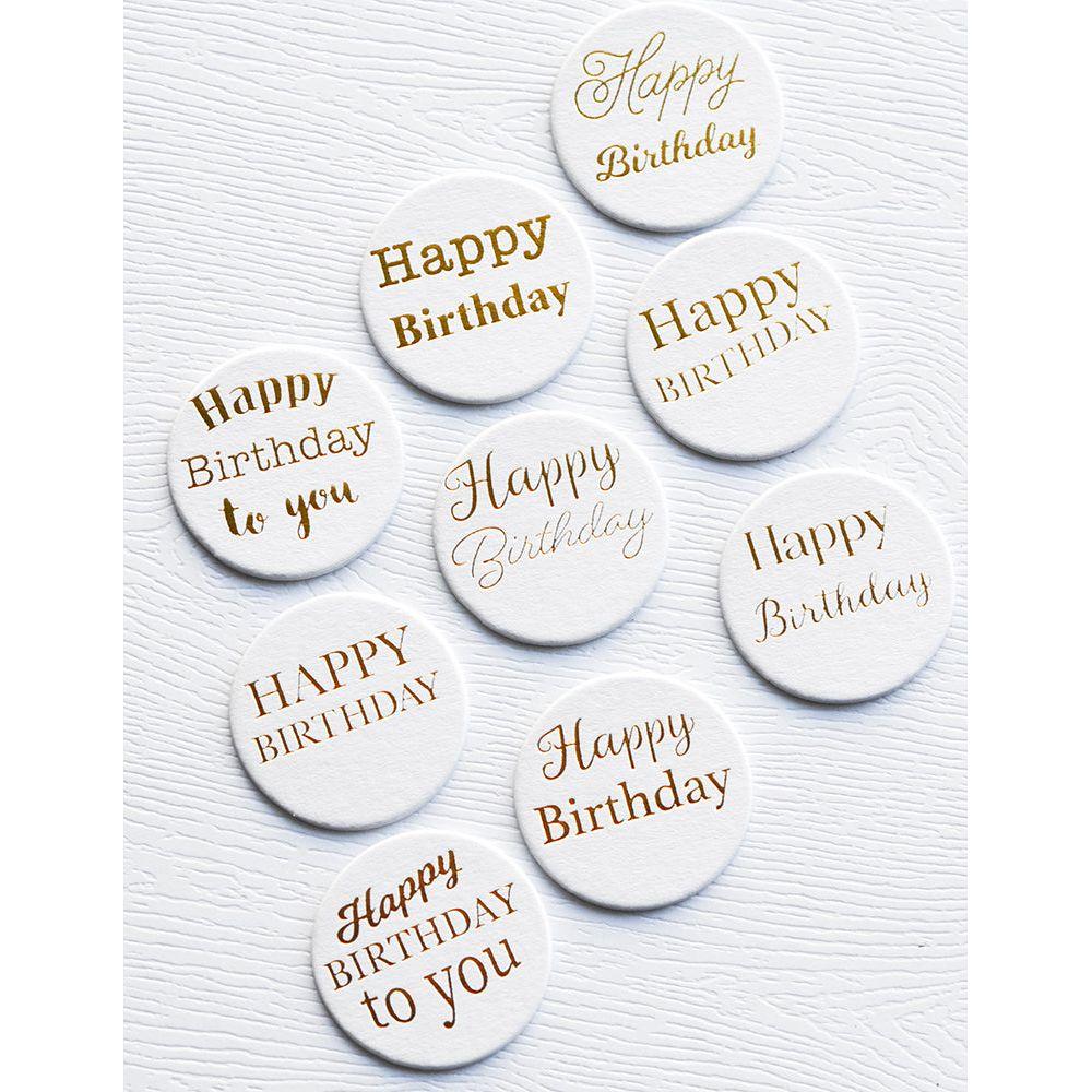 Memory Box Happy Birthday Foil Greetings White Circle Tabs st010 sentiments