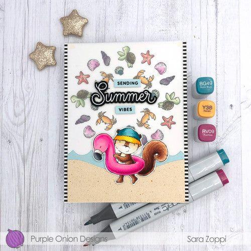 Purple Onion Designs Lilo Cling Stamp pod1343 summer beach squirrel with flamingo inner tube