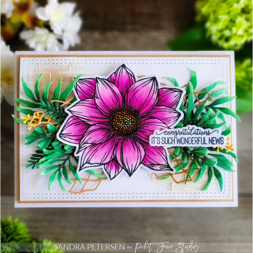 Picket Fence Studios A Dahlia Clear Stamp f-160 leafy card