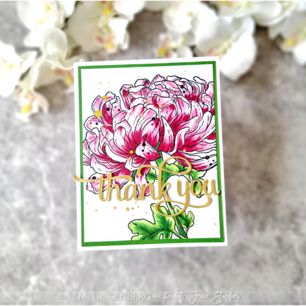 Picket Fence Studios Blooming Chrysanthemum Clear Stamps f-173 thank you card