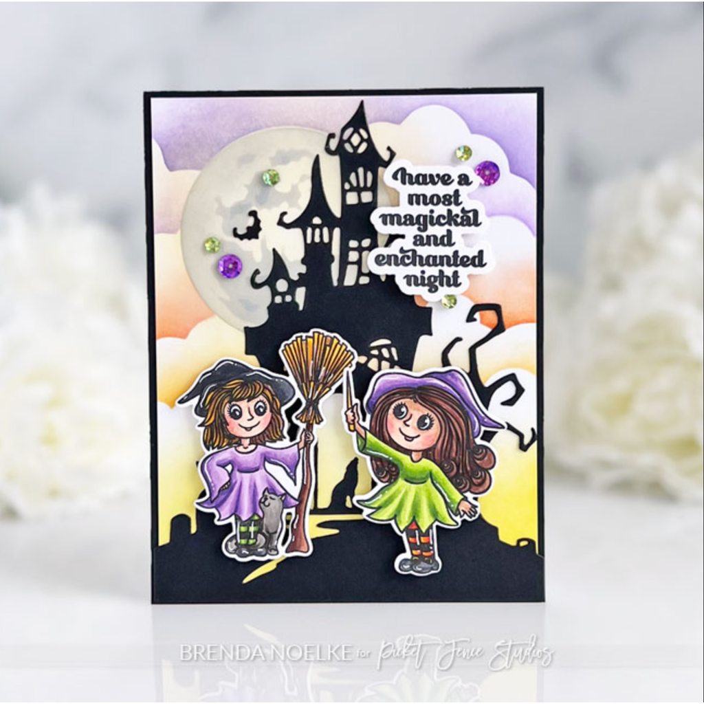 Picket Fence Studios Mini Haunted Moon Blending Stencil sc-401 witches card