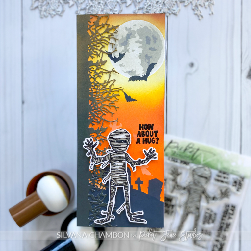 Picket Fence Studios People are my Favorite, Mummy Clear Stamps h-131 moon card