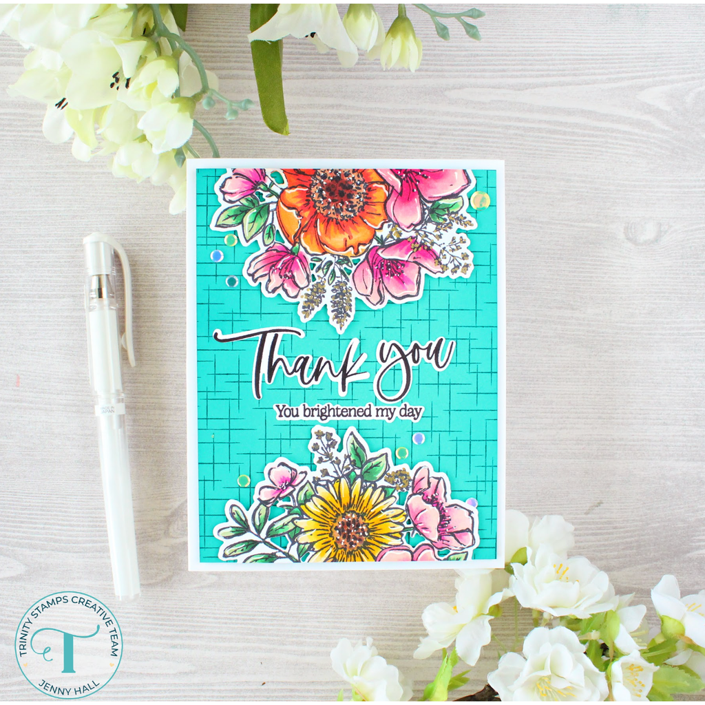 Trinity Stamps Sketchy Florals Clear Stamps tps-269 Jenny Hall Thank You Card