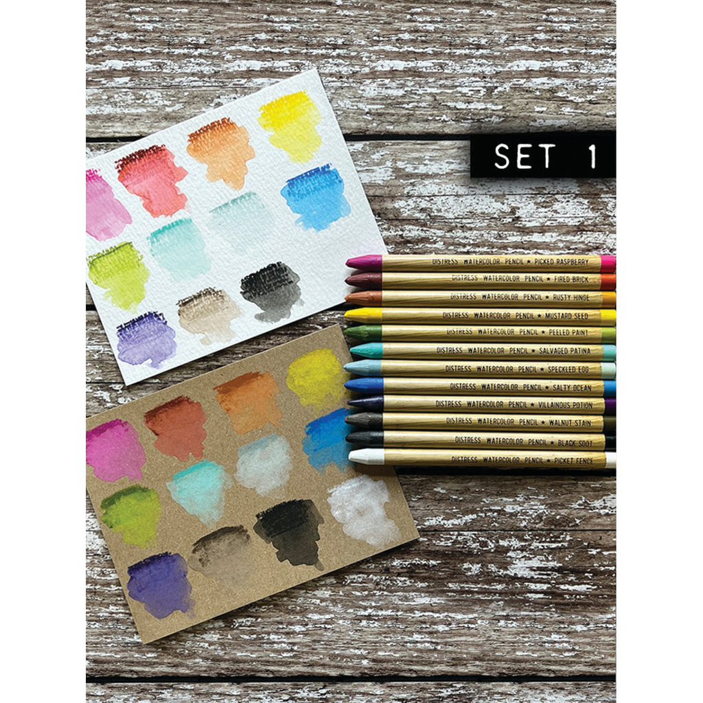 Tim Holtz Distress Watercolor Pencils Set 1 And Pencil Sharpener Bundle Tim holtz swatches