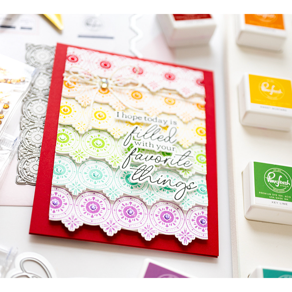 Pinkfresh Studio Medallion Border Press Plate 215923 Rainbow Filled Card | color-code:ALT02