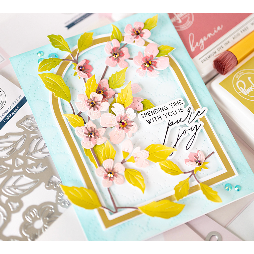 Pinkfresh Studio Cherry Blossoms Stencil Set 239924 Pure Joy Card | color-code:ALT03