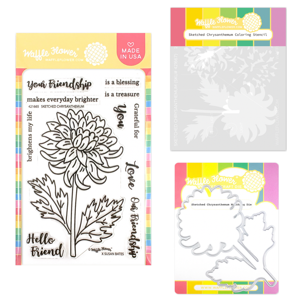 Waffle Flower Sketched Chrysanthemum Clear Stamps, Stencils, and Matching Die Set