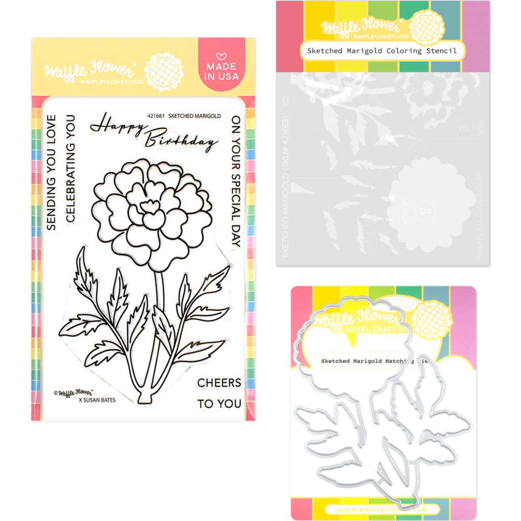 Waffle Flower Sketched Marigold Clear Stamps, Stencils and Matching Die Set