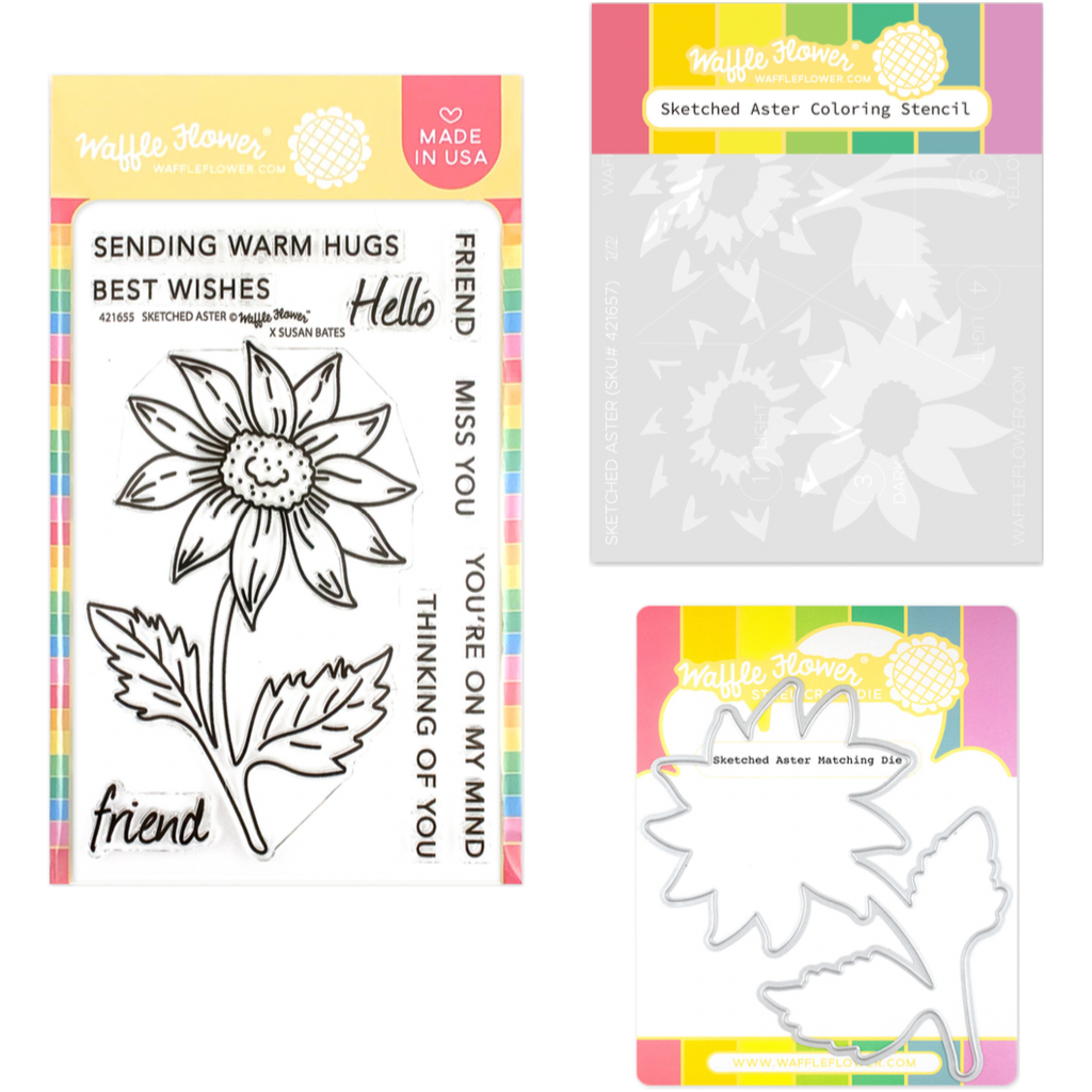 Waffle Flower Sketched Aster Clear Stamps, Stencils and Matching Die Set