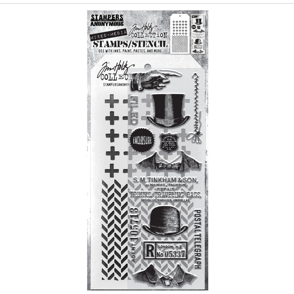 Tim Holtz Clear Stamps and Stencil PLUS AND HERRINGBONE THMM116